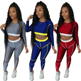 Women's Two Piece Pants Gym Fitness Suit 2023 Striped Tracksuit Full Sleeve Crop Top Skinny Pant O-Neck 2 Set Casual Female Street Women