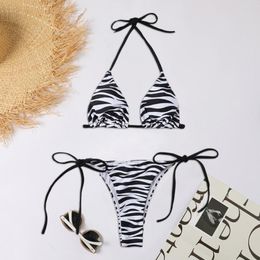 Damen-Badebekleidung, Zebra-gestreifter Neckholder-Triangel-Bikini-Set, Push-up-BH, niedrige Taille, Höschen, Damen-Micro-Tanga-Bikini, 2023, Damen-String-Badeanzug