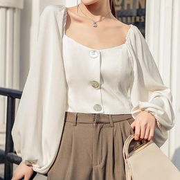 Women's Blouses 2023 Brand Women Fashion Blouse Square Neck Lantern Sleeve Crop Top Buttons Chic Chiffon Shirt Chemise Blusa