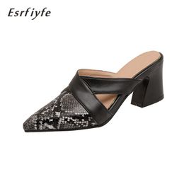 Slippers High Heels Ladies Snakeskin Grain Mules Pointed Toe Black Slides Women Slip On Flip Flops Party Shoes