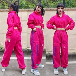 Stage Wear Women Rose Red Tooling Suit Hip Hop Dancing Clothes Adults Jazz Dance Costume Dj Rave Outfit Street XS5740