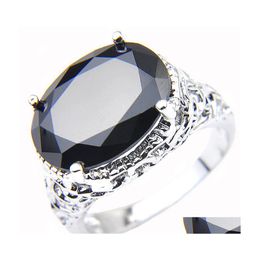 Solitaire Ring Luckyshine Women Jewelry Black Oval Onyx Rings 925 Sier Crystal Zircon Fashion Vintage Size 7 8 9 Drop Delivery Dh3Ql