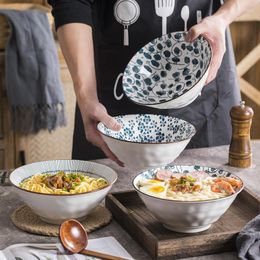 Bowls Japanese 8 Inch Ceramic Ramen Noodle Bowl Underglaze Color Hat With Wooden Chopsticks Soup Spoon Sets Kitchen Tableware