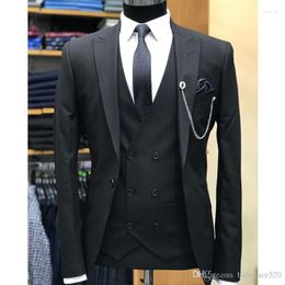 Men's Suits 2023 Custom Made Black Wedding Men For Groom Tuxedos Peaked Lapel Blazer Three Piece Double Breasted Vest Man