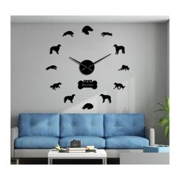 Wall Clocks 3D Borzoi Diy Mirror Stickers Numbers Mute Clock Russian Wolfhound Frameless Large Watch Russkaya Psovaya Borzaya Gift D Dhkza