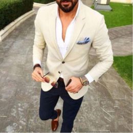 Men's Suits Custom Made Men Suit Beige Blazer Navy Blue Pants 2 Piece Groom Tuxedos Slim Fit Men's Wedding Prom Party (Jacket Pants)