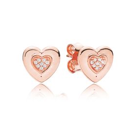 18K Rose Gold Love Hearts Stud Earrings for Pandora CZ Diamond Wedding Jewellery For Women 925 Sterling Silver Earring Set with Original Box