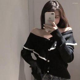 Women's Knits Ruffles Knitted Sweater Cardigan Women V-Neck Long Sleeve Casual Black Single Breasted Jumpers Korean Sexy Loose X543