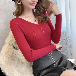 Women's Sweaters Autumn Winter V-neck Slim Button Pullover Knitted Women Long Sleeve Elasticity Jumper Ladies Cotton Soft White Sweater Tops