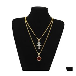 Pendant Necklaces Egyptian Large Ankh Key Sets Round Ruby Sapphire With Rhinestones Cross Charms Cuban Link Chains For Mens Hip Hop Otcwx