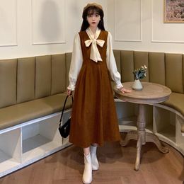 Casual Dresses Plus Size Women 2023 Winter Sweet Cute Ruff Vintage Christmas Party Dress Long Sleeve Bow Corduroy A Line Clothing