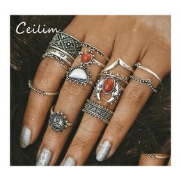 Cluster Rings Fashion Jewelry Joint Ring Set 14Pcs/Set Engraved Bohemian Vintage Punk Antique Siercolor Sun Face Finger For Women Wh Otd6K
