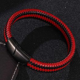 Charm Bracelets Trendy Men Jewellery Black Red Braided Leather Bracelet Stainless Steel Magnetic Clasp Fashion Women Bangles Wristband BB0513C