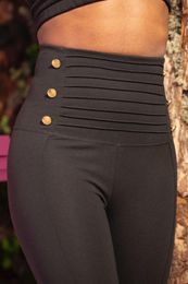 Women's Leggings Black Super High Waist Gold Button And Pullover Detailed Gatherer Workout Autumn Winter FashionWomen's