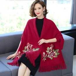 Scarves Chinese Style Winter Embroidered Poncho With Sleeves Black Shawls And Wraps Women's Cape Knit Scarf Mujer Cashmere Pashmina