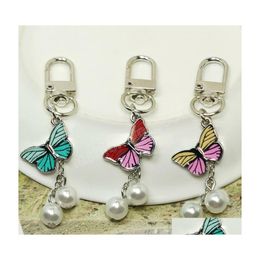Keychains Lanyards Colorf Imitation Pearl Butterfly Pendant Keychain Insects Car Key Chain Women Bag Charms Accessories Jewellery Gi Dhaue