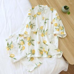 Women's Sleepwear Japanese Kimono Spring And Autumn Womens Floral Loose Pyjamas Suit Cotton Three-quarter Sleeve Home Service Thin Summer