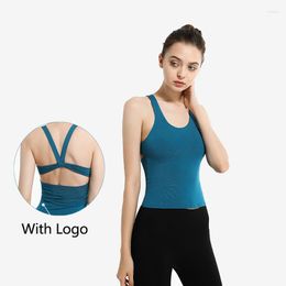 Active Shirts Yoga Shirt With Logo Lady Solid Colour No Trace Cutout Chest Pad Sports Vest Fitness Training Dance Sleeveless Top