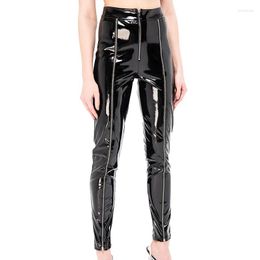 Women's Pants Women High Waist Faux Latex Front Zip Splicing Trousers Ladies Stretch PVC Patent Leather Pencil Streetwear Custom