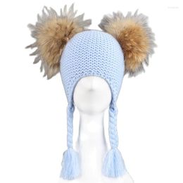 Berets Baby Cute Fur Pompom Beanie Hats Winter Warm Knitted Hat For Children Girls With Tails Double Fury Ball Ski Skullies Gorros