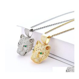 Pendant Necklaces Iced Out Green Eye Leopard Head Necklace For Women Bling Cz Zirconia Animal Gold Sier Chains Hip Hop Rapper Jewelr Otrpy