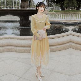 Casual Dresses Midi Vintage Long Women Dress Elegant Mid-calf Sailor Collar Fit And Flare Yellow Vestidos Sleeve 2023 Spring