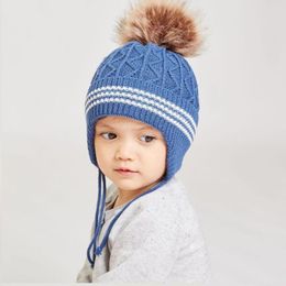 Berets Hat Boy Winter Earflap Beanie Kids Girl Knit Fleece Lining Pompom Autumn Warm Skiing Accessory For Baby Toddlers