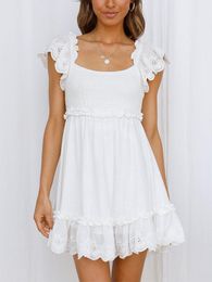 Casual Dresses Summer Clothes For Women 2023 Embroidery Lace Trim Ruffle Hem Mini Dress Round Neck Sleeveless Smocked Beach White DressCasua
