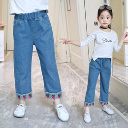 Jeans Cowgirl Casual With Strawberry Embroider Fashion Kids Loose Trousers Straight Solid Pants Blue Soft Denim
