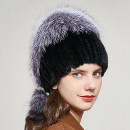 Berets JKP Winter Women's Fur Hats Real Mink Knitted Women Fashion Rhinestone Heart-shaped With Ball Russian Warm Beanie