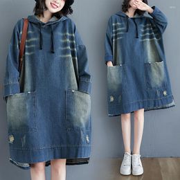 Casual Dresses Spring Autumn Women Jeans Retro Worn White Hole Loose Hooded Collar Solid For Females Denim One-Piece