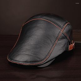 Berets Autumn Winter Flat Caps For Men Women Black Duckbill Hats Male Female Real Cowhide Leather Classic High-End Driving