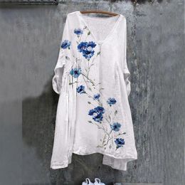 Casual Dresses Robe Femme Three Quarter Sleeves Cotton Linen Summer For Women Print Mid Length Flowy Girls Vestidos