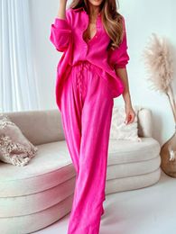 Women's Jumpsuits & Rompers Spring Summer Women Solid Elegant 2Pc Sets Fashion Long Sleeve Outfits Casual Lapel Collar Button Shirt And Wide