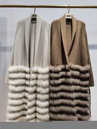 Women's Fur Russia Style Female Long Knitted Outerwaer Cardigan With Belt Spring Autumn Women's Luxury Real Patchwork Sweater Coat