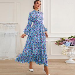 Ethnic Clothing Blue Floral Maxi Dress Women Spring Autumn Elegant Long Sleeve Dubai Arabic Oman Moroccan Middle East Muslim Abaya