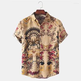 Men's Casual Shirts Men's Vintage T-Shirts Print Ethnic Short Sleeve Button Up Lapel Summer Mens Tee