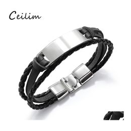 Link Chain Personalised Engraved Bracelets For Men Women Stainless Steel Tag Layered Genuine Leather Bangle Braided Black Bracelet Otfvl