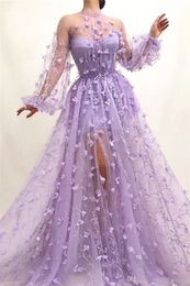 Sexy A line Prom Dresses Lilac 3D Flowers Appliques Long Sleeves Evening Gown Plus Size African Formal Party Dress BC3984
