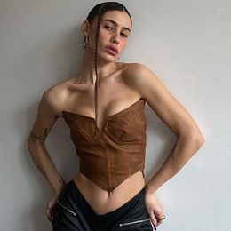 Women's Tanks Summer V Neck Leather Bra Vest Off Shoulder Sleeveless Tank Tops Sexy Zipper Women's Top Mujer Verano Ey