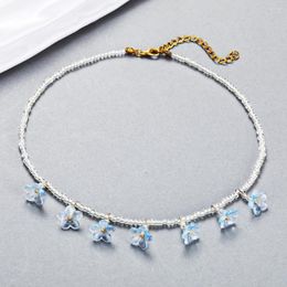 Choker Summer Boho Cute Blue Flower Beadeds Charm Necklace Statement Short For Women Bohemia Clavicle Beach Jewelry