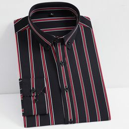 Men's Casual Shirts Quality Men's Non-iron Stretch Striped Dress Pocket Long Sleeve Standard-fit Youthful Button-down Tops Mens Shirt