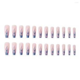 False Nails Nail Accessories 24PCS Blue Flames Fake Long Flat Head French Style Artificial