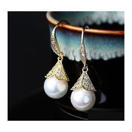 Dangle Chandelier Fashion Imitation Pearl Crown Cz Drop Earrings For Women Pave Cubic Zircon Big Hook Earring Party Gifts Gold Sie Otwn0