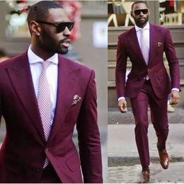 2 Pieces Burgundy Groom Wear Wedding Tuxedos Long Sleeves Two Buttons Slim Fit Men Suits Prom Party Blazer Jacket Pants Fashion Coat Trousers Sets