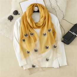 Scarves Top Grade Woman Scarf Real Silk The Butterfly Beading Wraps Shawl Travel Accessory Acrylic Neckerchief 190-80cm