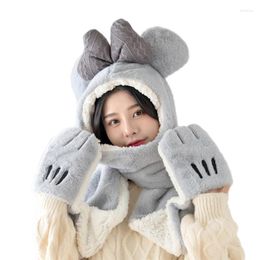 Berets Kawaii Winter Warm Thick Soft Hat Scarf Gloves For Women Girl One-piece Bowknot Plush Hooded Cute Combo Famale