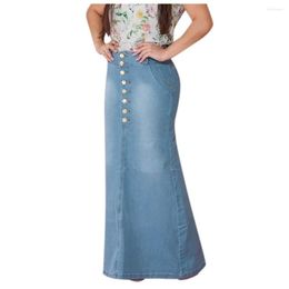 Skirts Front Button Washed Denim A-line For Teen Girls High Waisted Long Jean Skirt Women Midi Length Faldas Mujer Moda 2023
