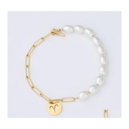 Link Chain Fashion Gold Coin Zodiac Sign Bracelet Link Pearl For Women Girls Jewelry Drop Delivery Bracelets Otg3O