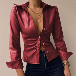 Women's T Shirts Autumn And Winter Sexy V-neck PU Leather Women Blouses Elegant Office Ladies Shirt Tops Long Sleeve